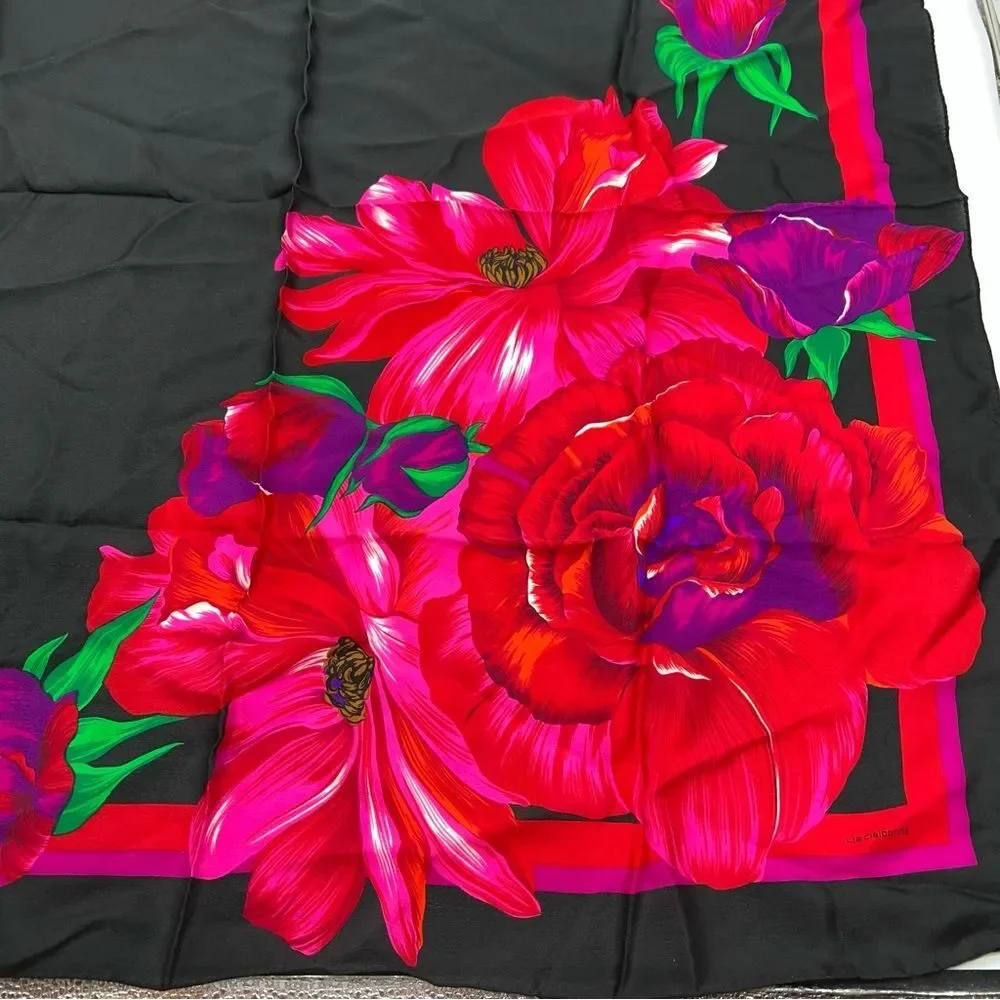 Liz Claiborne Black, Red, Pink, Purple , Green Floral 100% Silk Large Scarf 36”